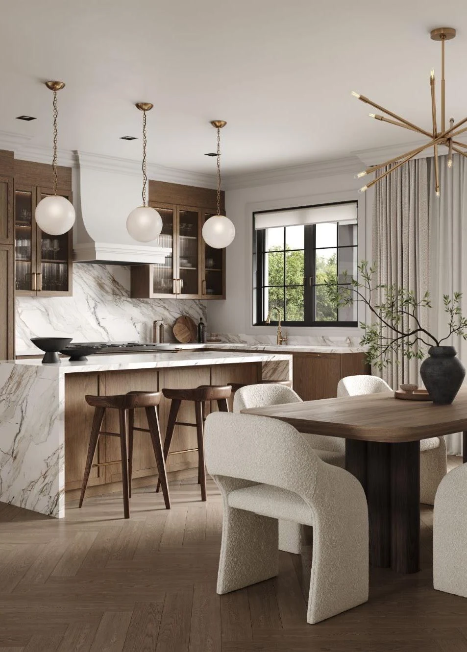 Illustrative open-concept dining and living space with large windows