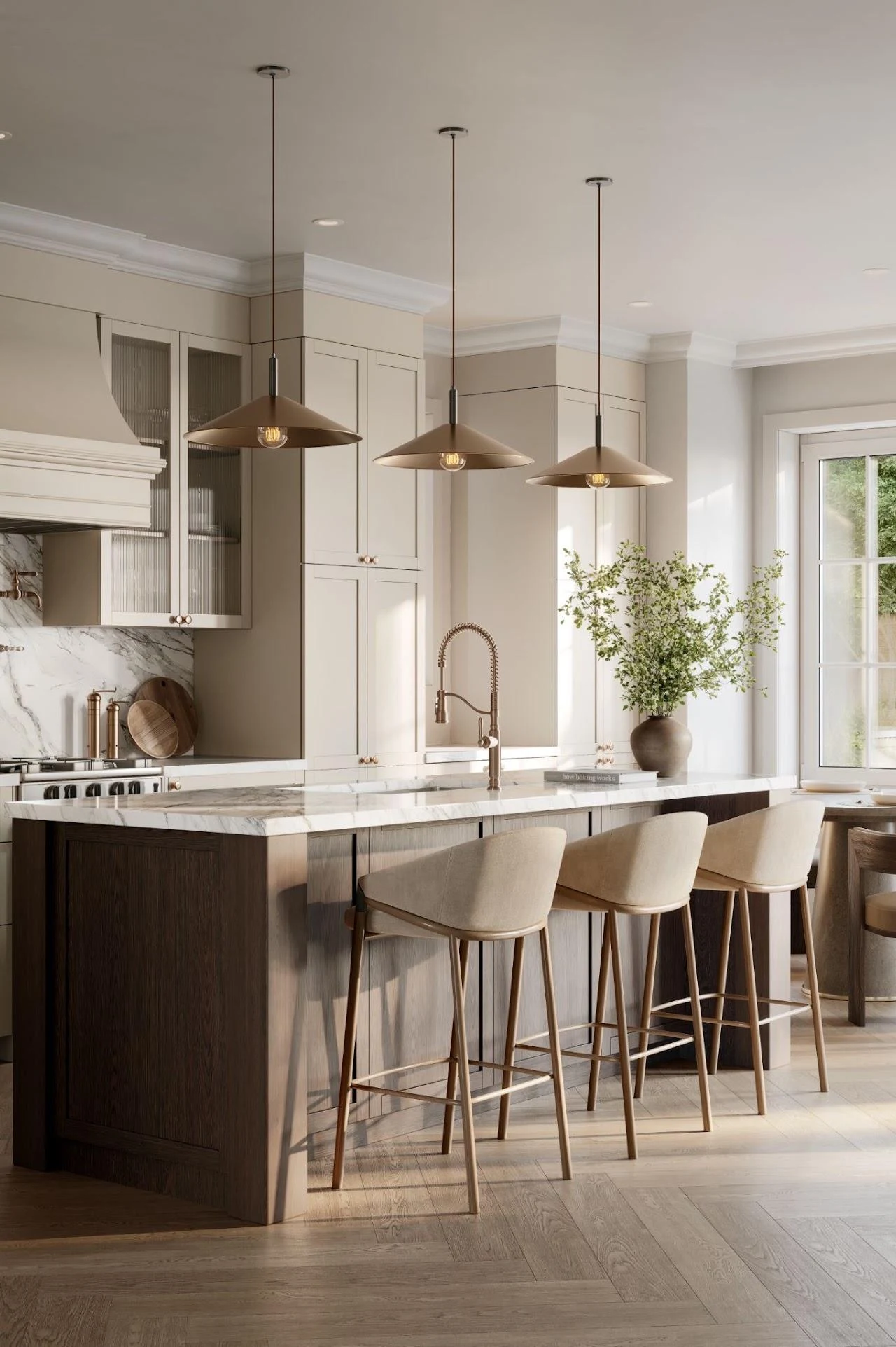 Illustrative kitchen with a stone island, pendant lighting and contemporary cabinetry