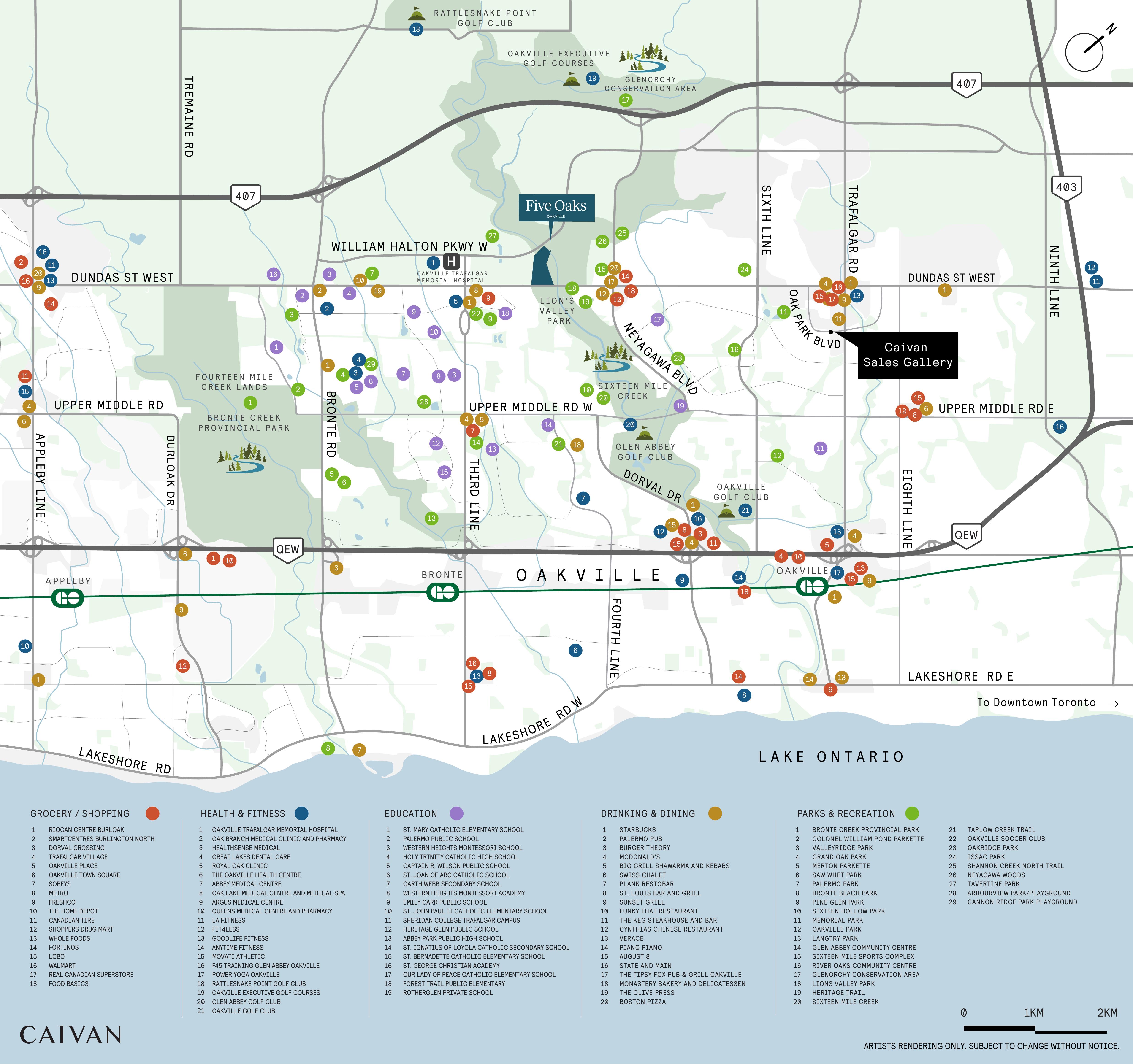Amenity map of the area around Five Oaks showing nearby shopping, schools, parks, golf courses and health services in Oakville